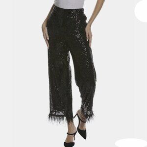 Women's Black NEW XL Nanette Lepore Sequin Mesh Pant Feather Hem Chic Evening